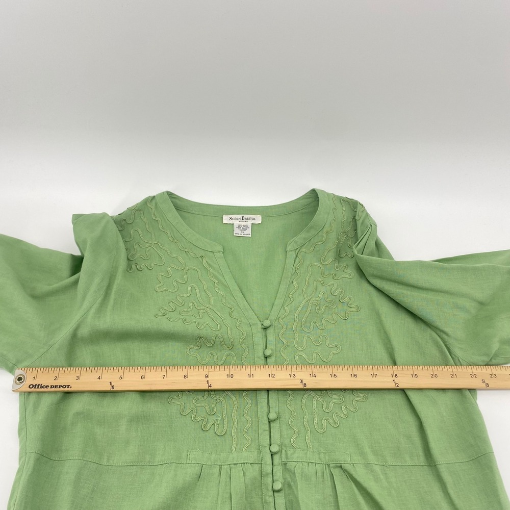 Susan Bristol Blouse Women 1X Green Linen Blend Embroidered Button Front Summer - Picture 5 of 8